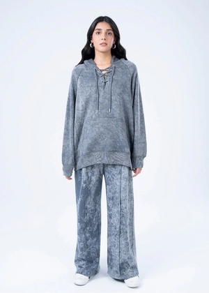 Men's charcoal fleece pull-on trousers with wide legs and elastic waist