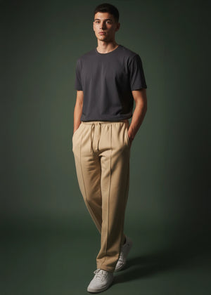 Men's khaki pull-on trousers with drawstring waist and straight legs