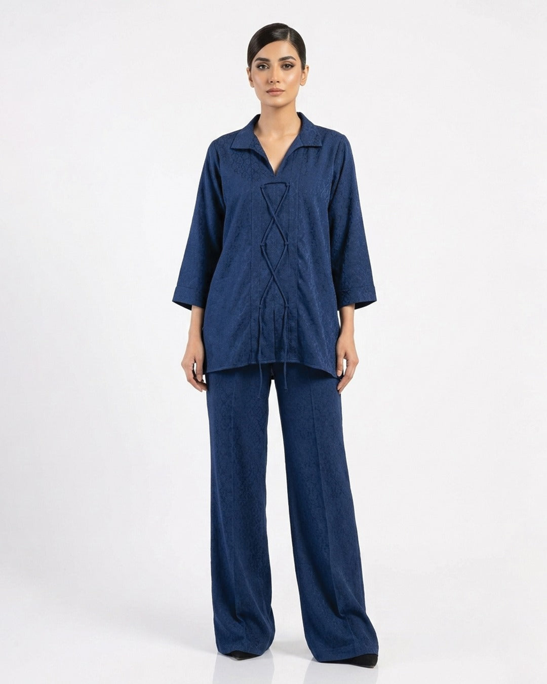 Women's navy summer co-ord set: collared button shirt with wide-leg trousers