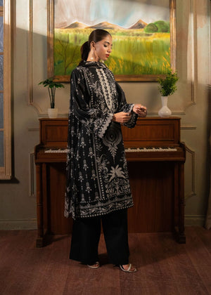 Women's printed 3-piece suit, dark tunic with ornate white motifs and matching wide-leg pants