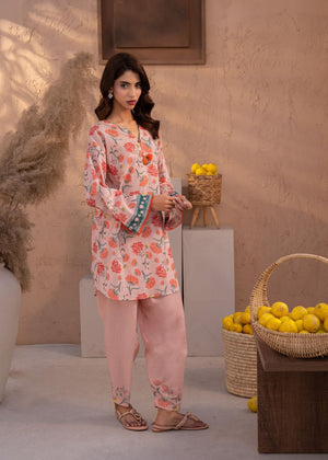 Printed floral long tunic with matching trousers, light pink base and blue trim