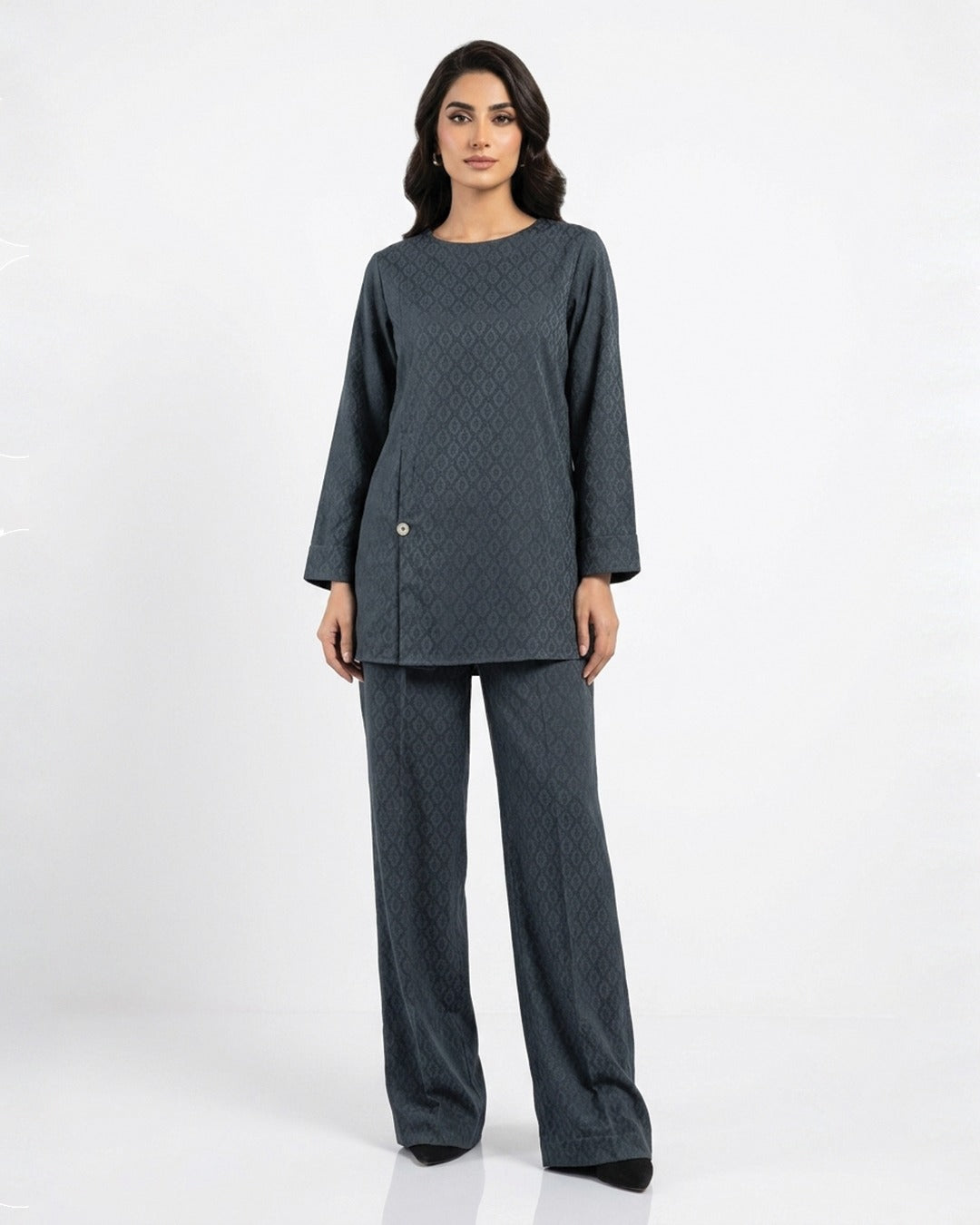 Women's winter co-ord set: dark teal patterned tunic with wide-leg pants, 3/4 sleeves