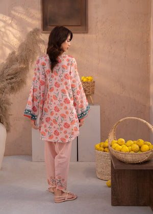 Printed floral 2-piece set, long-sleeve tunic and pink trousers with blue-edged cuffs