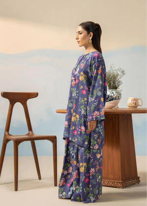 Women’s dark purple floral print 2-piece set, side view with long kurta-style top and skirt