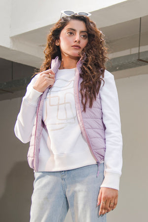 Purple quilted sleeveless puffer vest with zip front, stand collar, side pockets