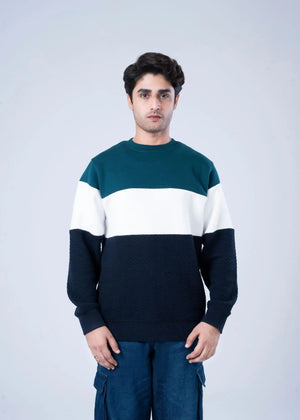Men's fleece crewneck sweatshirt, front view, green, white, navy block stripes