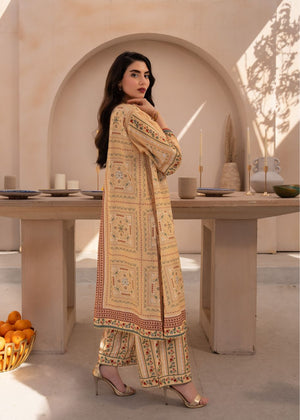 Women's printed two-piece suit, long tunic with wide sleeves and matching pants, patterned trim