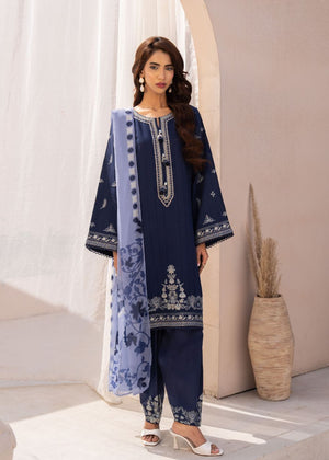 Women's dark blue embroidered tunic suit with matching pants and light blue printed dupatta