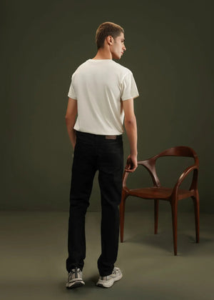 Black men's winter chino pants with straight legs, belt loops, and front button closure.