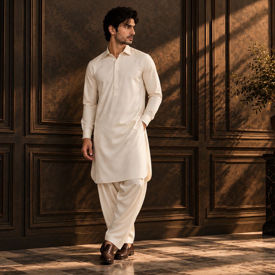 Off-white men's kurta and pajama set, button-up kurta with matching trousers