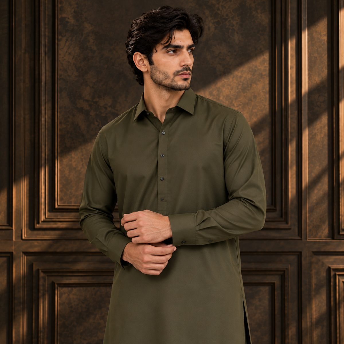 Men's olive ready-to-stitch kurta, button front and stand collar, long sleeves