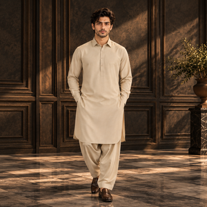 Beige kurta and pajama set on model, full-body front view