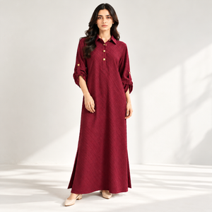Maroon long dress with button-up collar, textured fabric, three-quarter sleeves