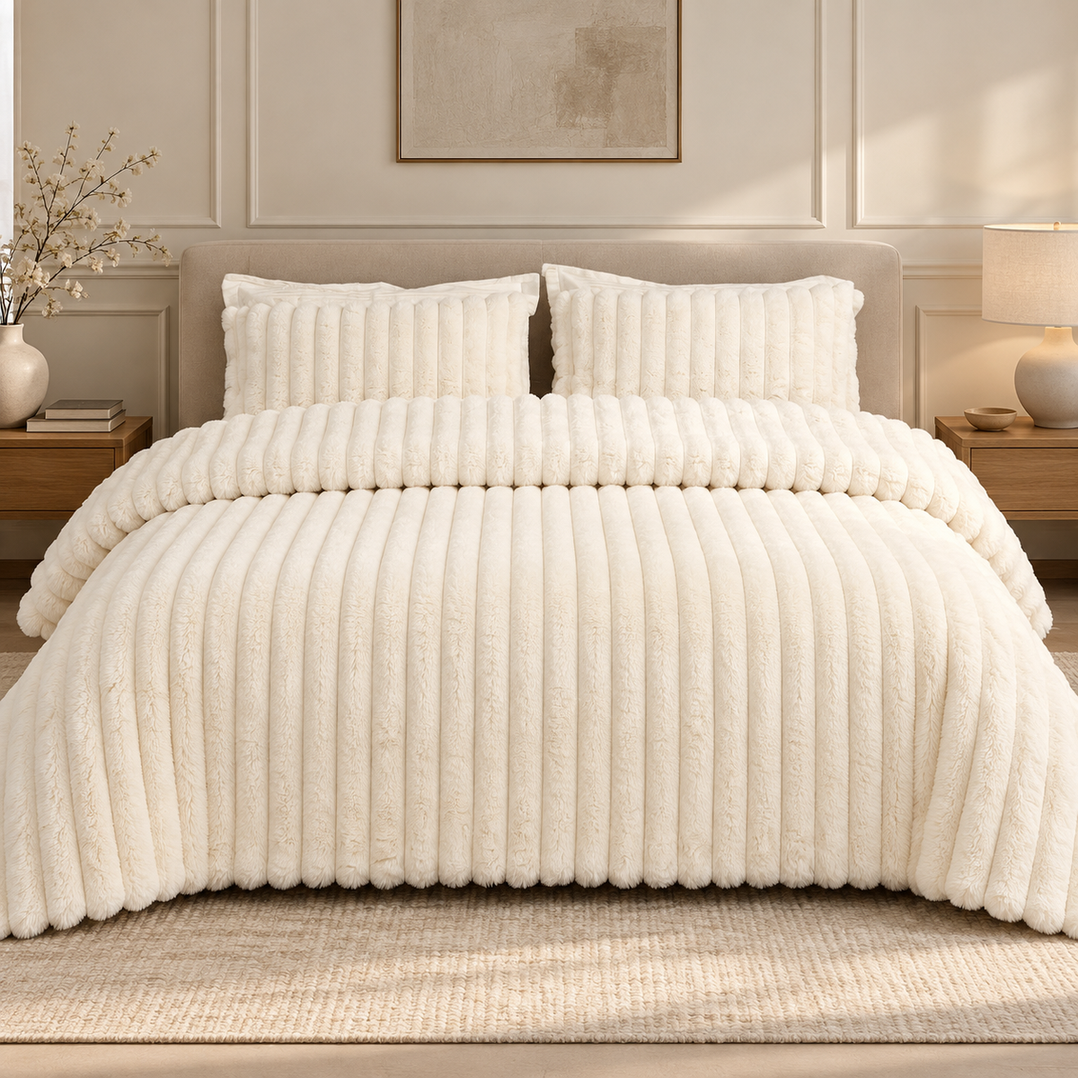 Ivory faux fur king duvet cover set with plush quilted stripe texture on bed