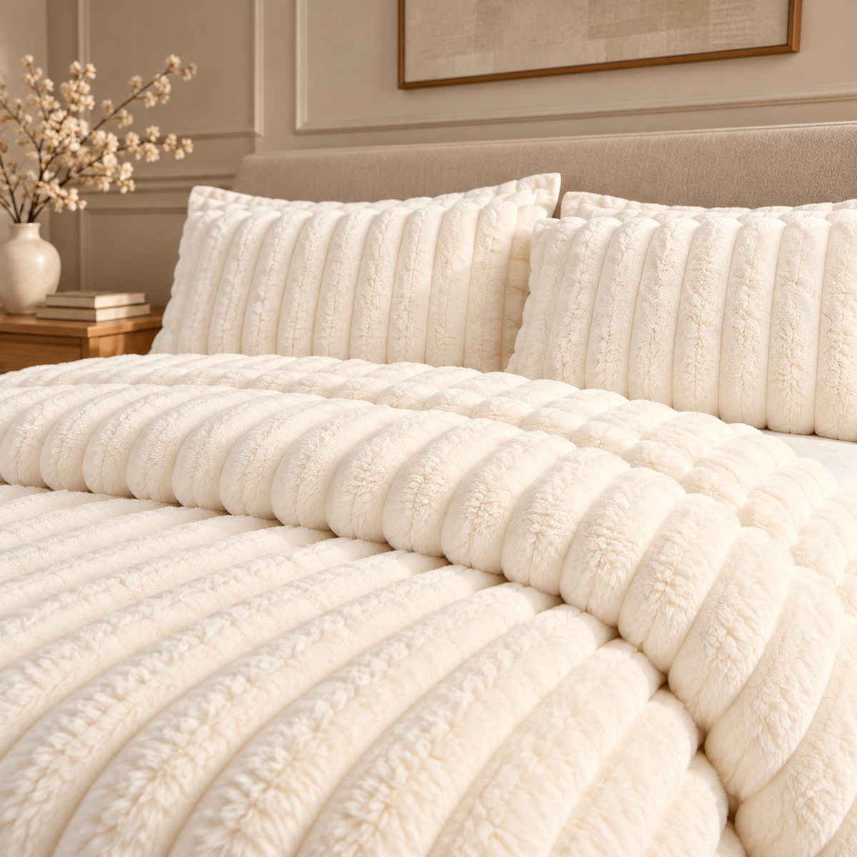 Ivory king duvet cover set with matching pillows, plush raised faux fur texture