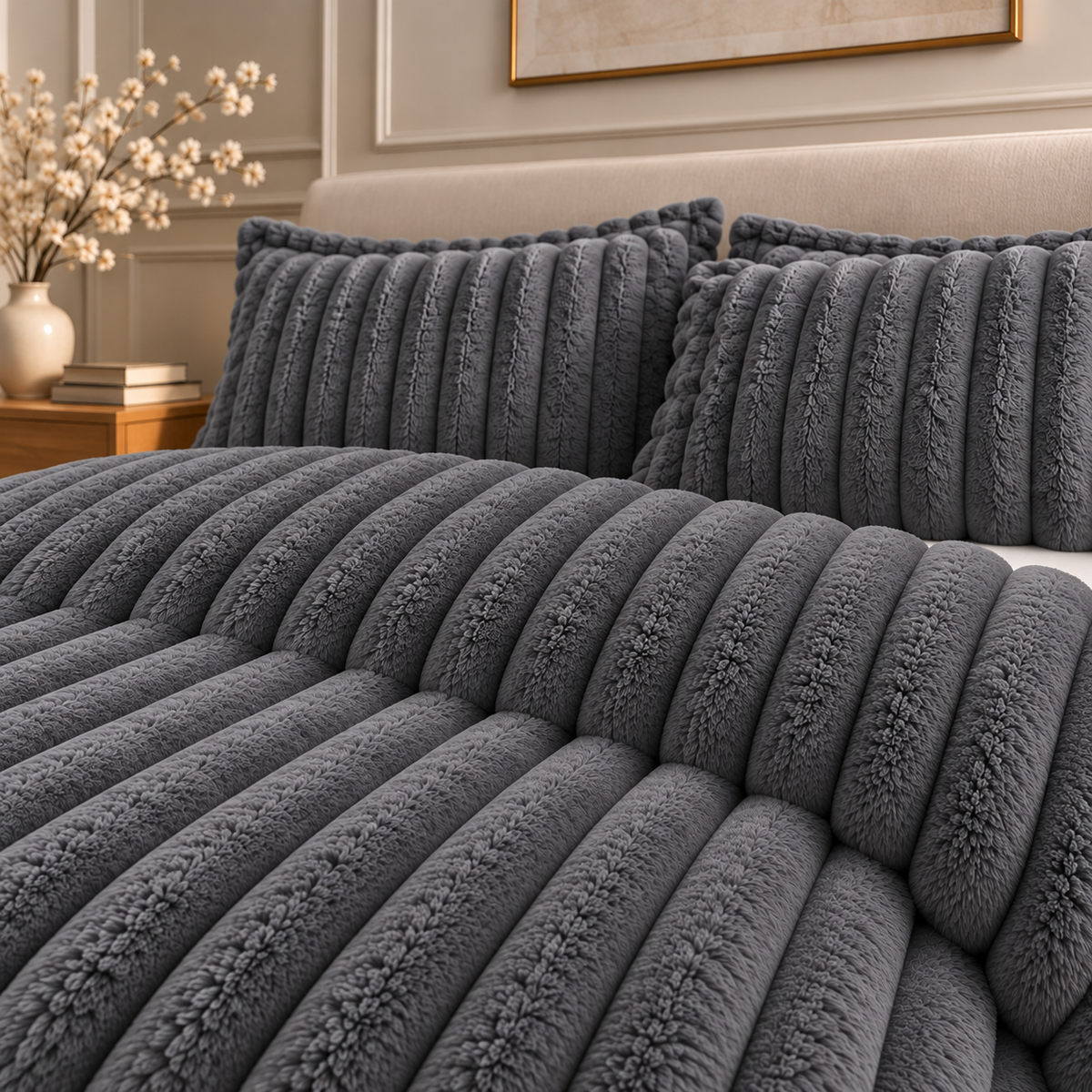 Grey faux-fur duvet cover set, 3-piece, quilted ribbed panels on bed