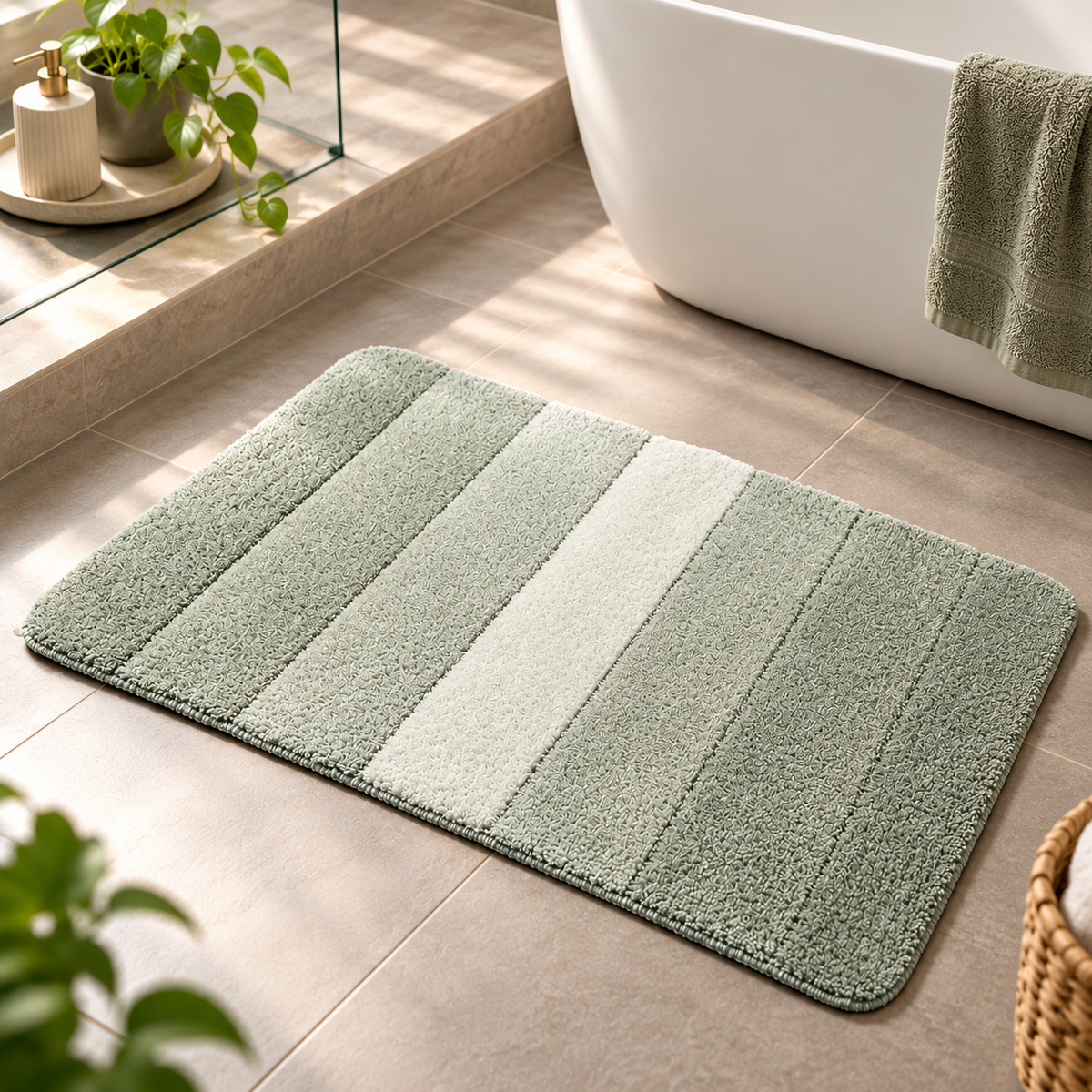 Green polyester bath mat with textured surface and vertical stripe design, rectangular.