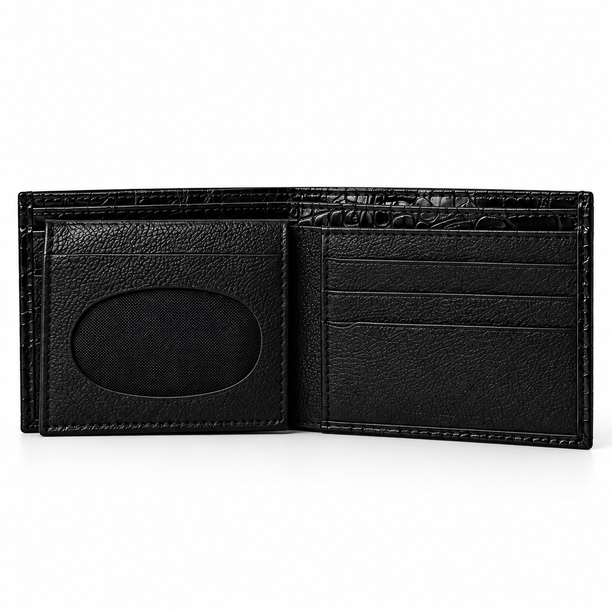 Heeli black leather wallet open view with card slots and oval coin pocket