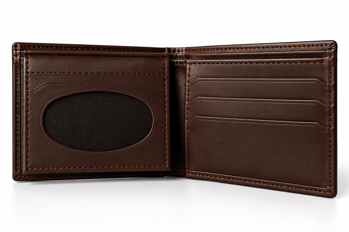 Open brown bi-fold wallet with oval ID window and three card slots