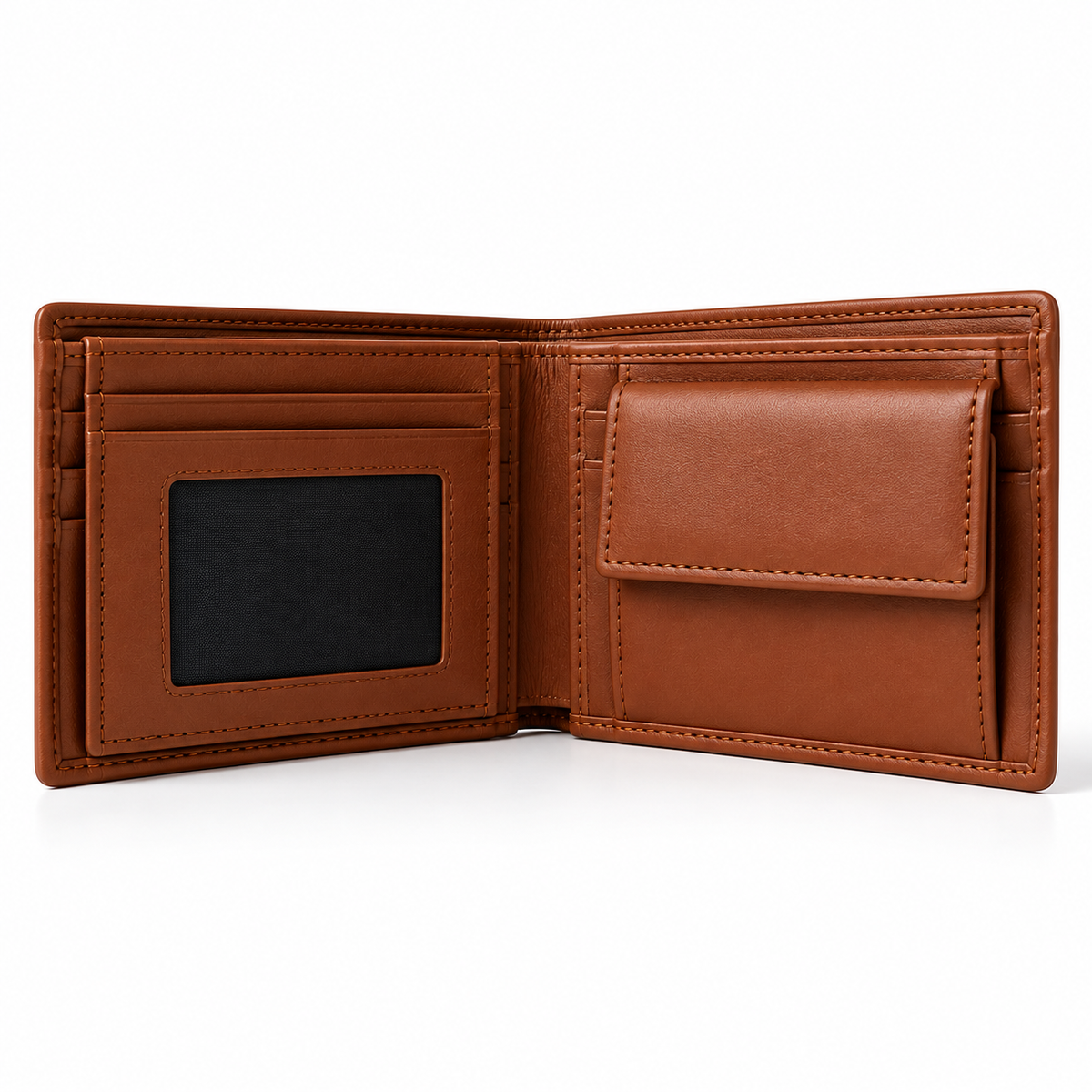 Brown leather bifold wallet interior with card slots and cash compartment
