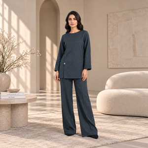 Women's teal blue knit co-ord set with long-sleeve top and wide-leg trousers