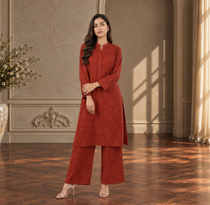 Burnt orange women's co-ord set: long-sleeve tunic and wide-leg pants