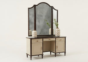 Dresser with vanity mirror, dark wood frame, light cabinet doors and drawers