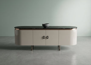 Inlay media console with curved dark top and cabinet doors, two-tone base