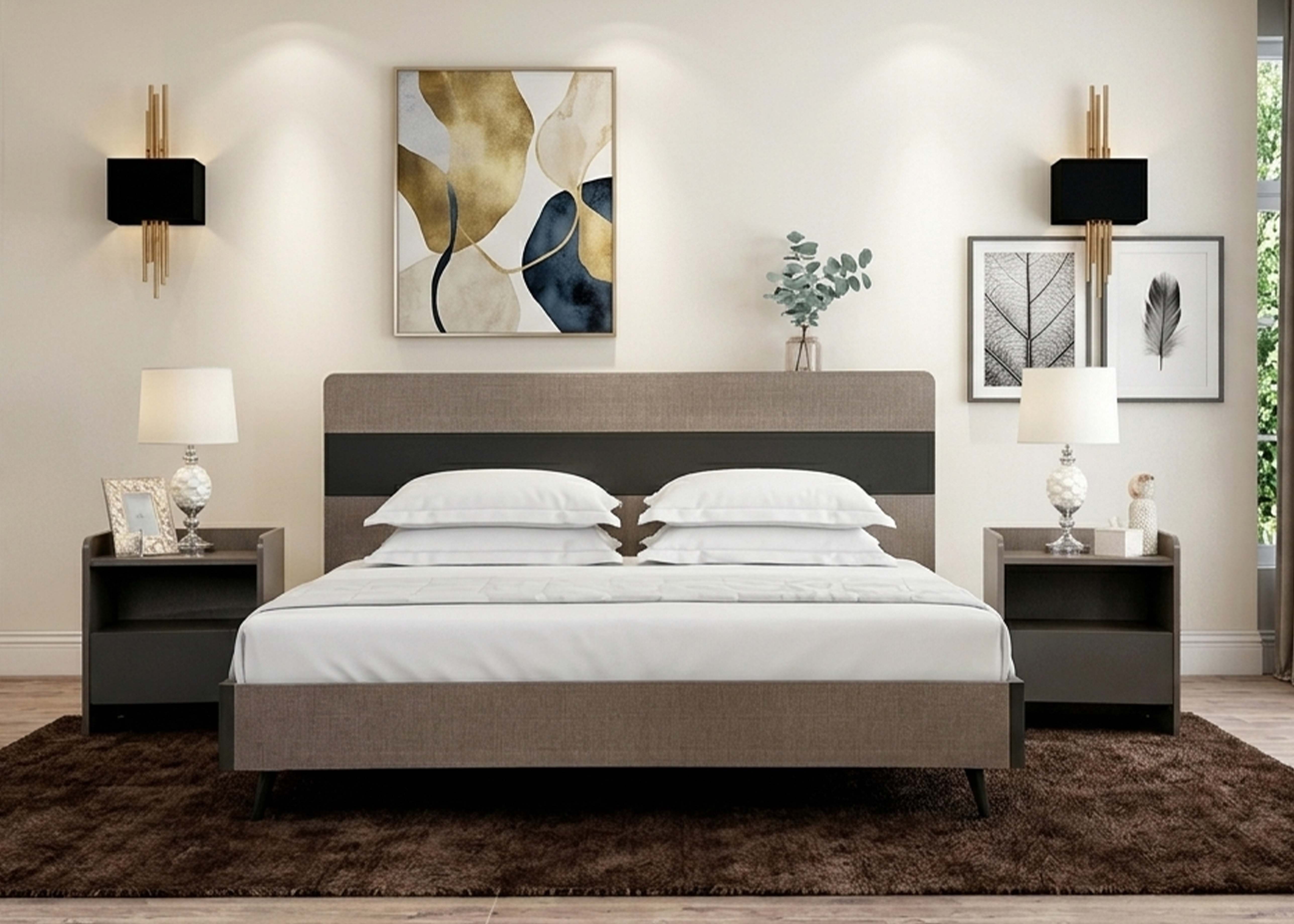 Low-profile bed with dark side tables and upholstered headboard