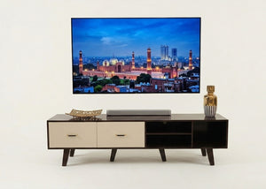 Media console with TV panel, light drawers and doors, dark open shelf center