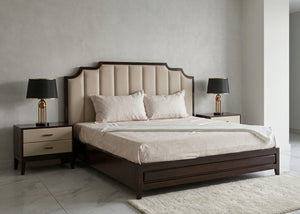 Bed with side tables, dark wood frame, upholstered beige headboard, two nightstands