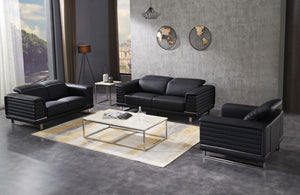 Black modular sofa set with low armrests and horizontal stitching, multiple seat pieces