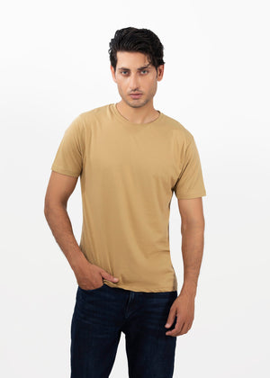 Men's khaki round-neck t-shirt, short sleeves, plain front