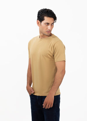 Men's khaki round-neck t-shirt, short sleeves, side view