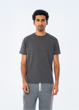 Men's charcoal T-shirt with crew neck and short sleeves on model