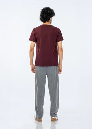 Maroon V-neck cotton jersey t-shirt, short sleeves, rear view