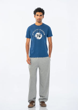 Men's grey pull-on trousers with straight legs, heather knit look
