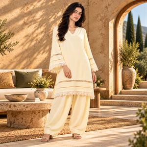 Cream tunic and pants set with V-neck, patterned cuffs, and scalloped lace hem