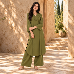 Olive green V-neck long tunic and wide-leg pants co-ord set