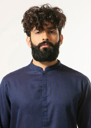 Blue long-sleeve kurta with stand collar and button front placket