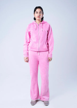 Men's pink fleece zip-up hoodie and matching sweatpants, drawstring hood