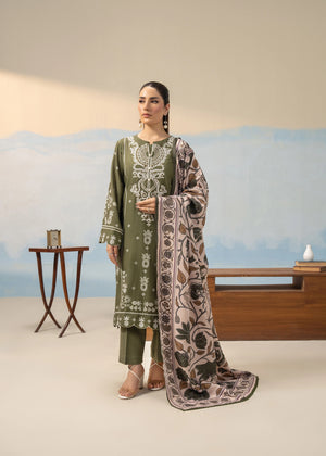 Olive green 3-piece suit set with embroidered kurta, matching pants, and patterned dupatta