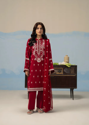 Maroon embroidered women’s 3-piece suit with long kurta, pants, and sheer dupatta set