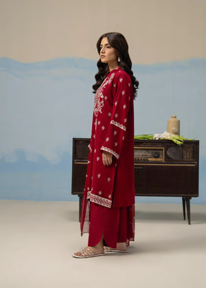 Maroon embroidered long kurta suit with matching pants and draped sheer dupatta
