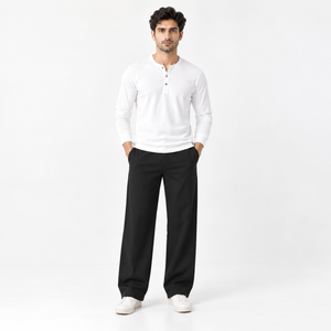 Men's black pull-on trousers with relaxed straight legs