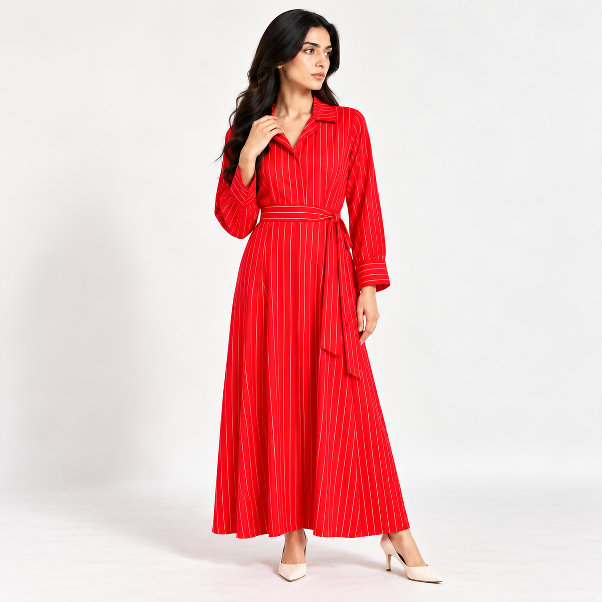 Women's Long Dress Red with white stripes