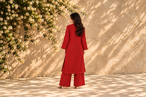 Maroon winter co-ord set: long kurta with buttons and matching wide-leg pants