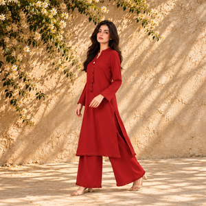 Maroon long kurta and flared wide-leg trousers co-ord set, side view