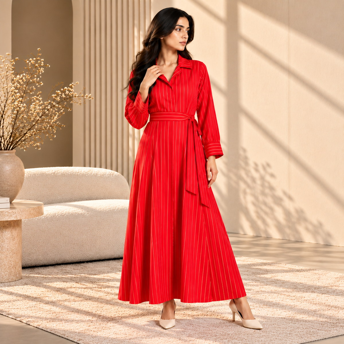 Women's Long Dress Red with white stripes