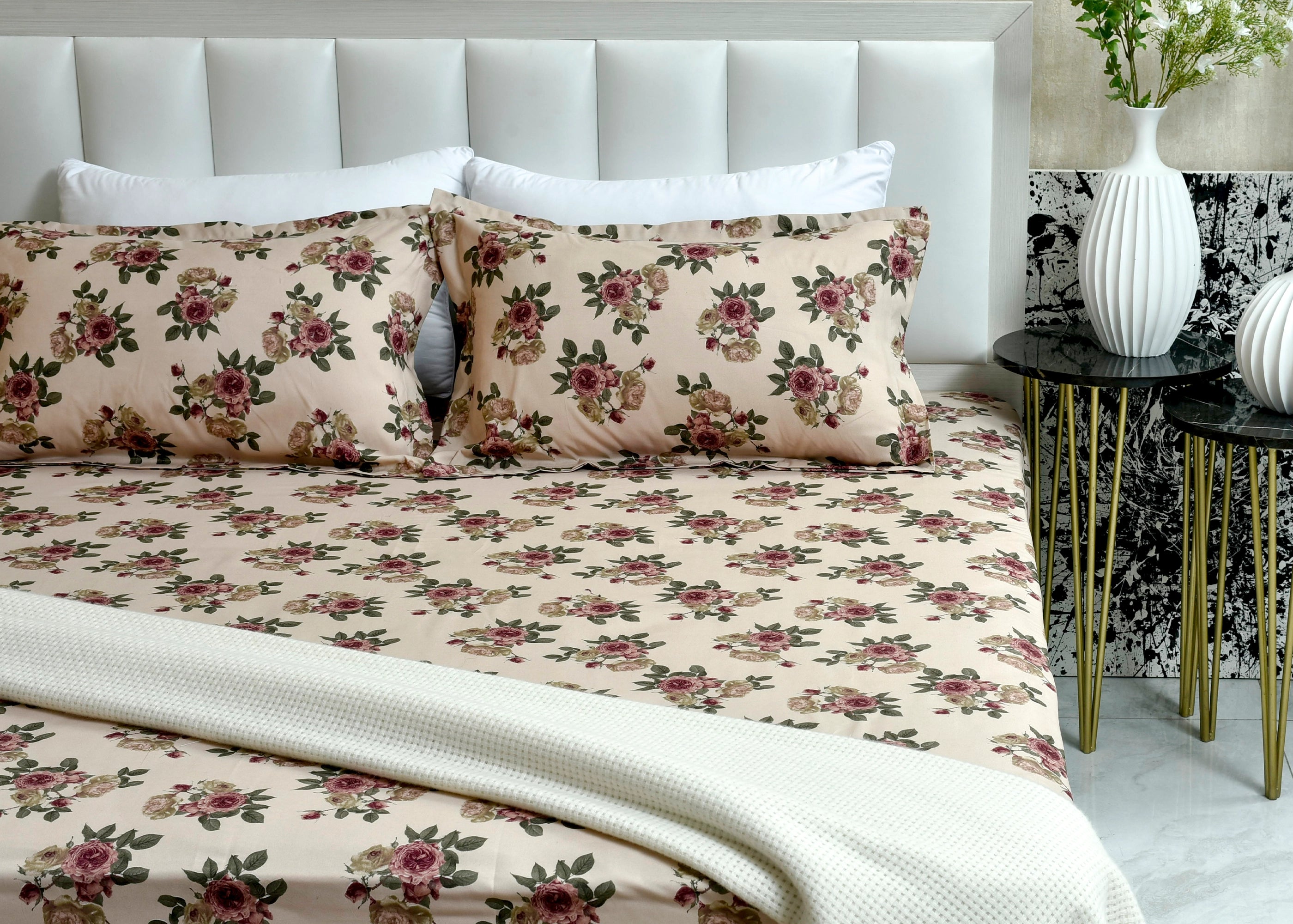 Cream microfiber floral bed sheet with rose print and matching pillow shams